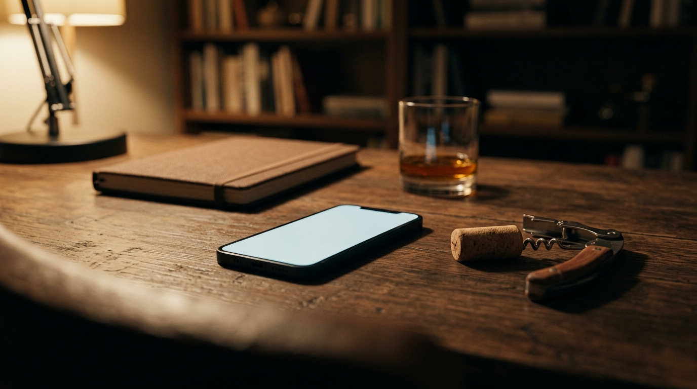 A smartphone lying on a wooden home desk showing a blank product card beside a cork and corkscrew