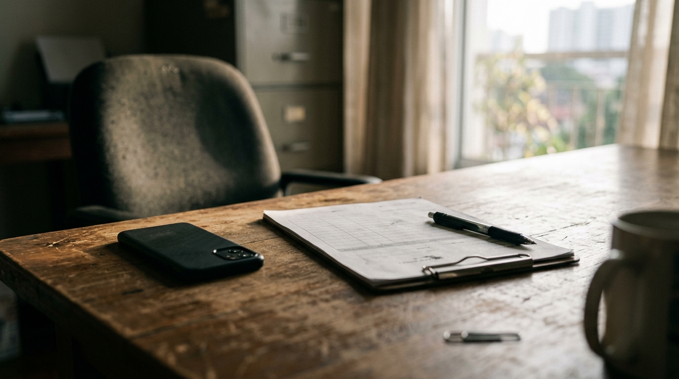 A delivery docket and pen on a wooden desk beside a phone face down in morning light