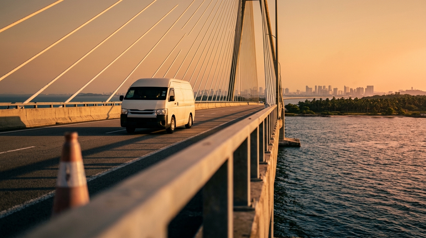 A courier van driving across a long sea bridge at golden hour with generic skyline silhouette