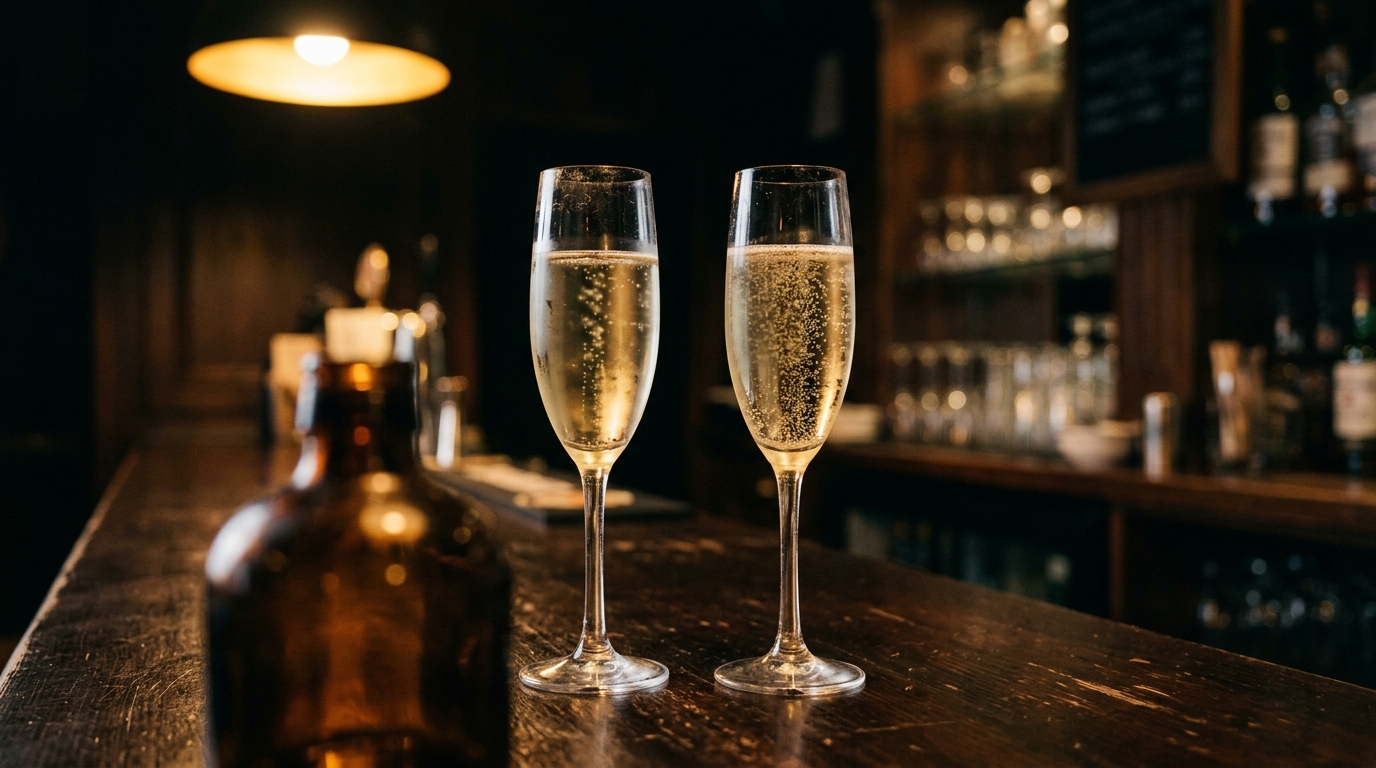 Two tall flutes of sparkling wine side by side, one pale straw and one with finer bubbles