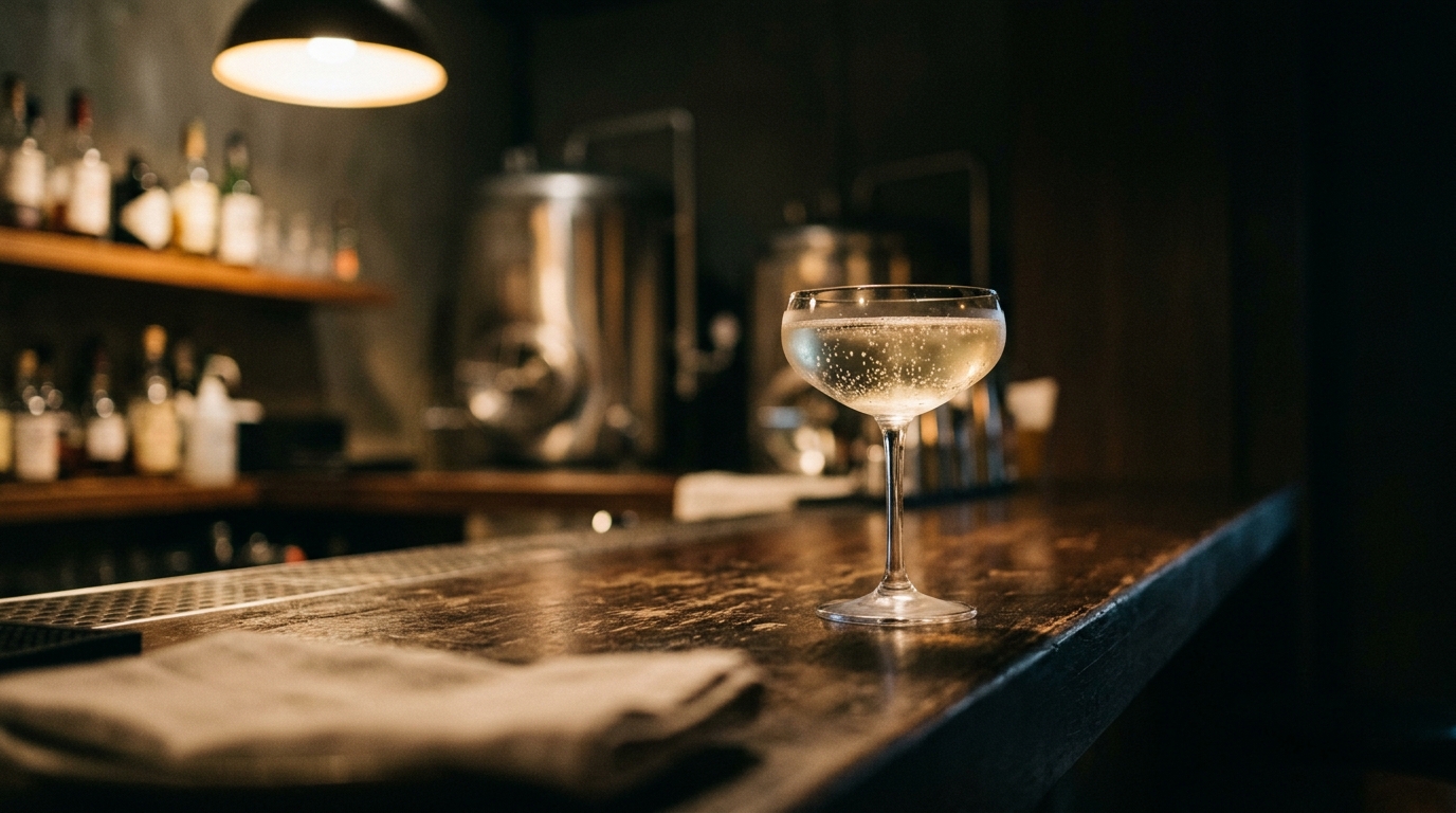 A single chilled coupe of pale sparkling wine beside a blurred steel tank in soft background light