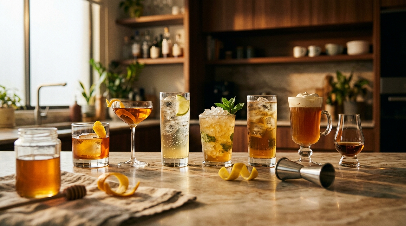 Seven glasses of amber cocktails in a row on a warm marble counter with citrus peel, a jigger and a honey jar