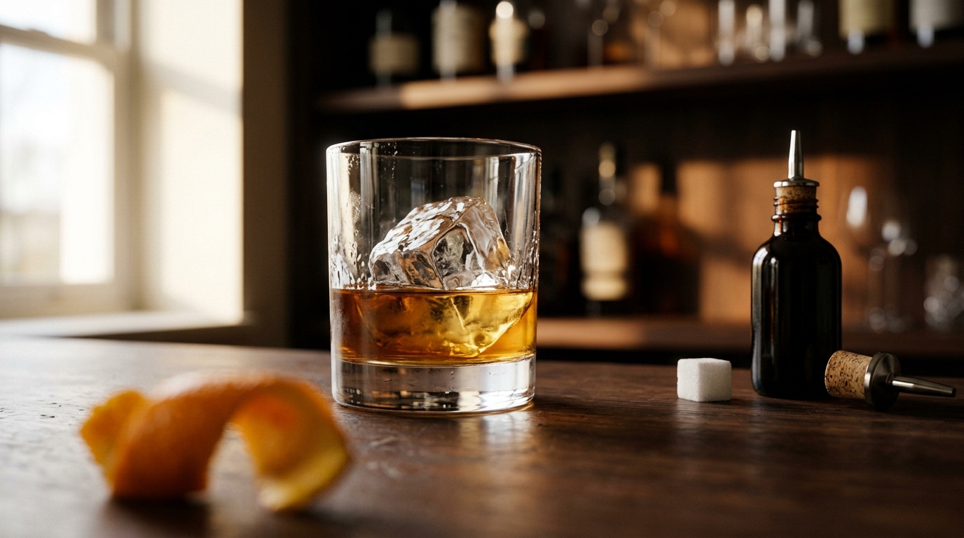 An old fashioned glass with a large clear ice cube beside a sugar cube and an orange twist on a dark counter