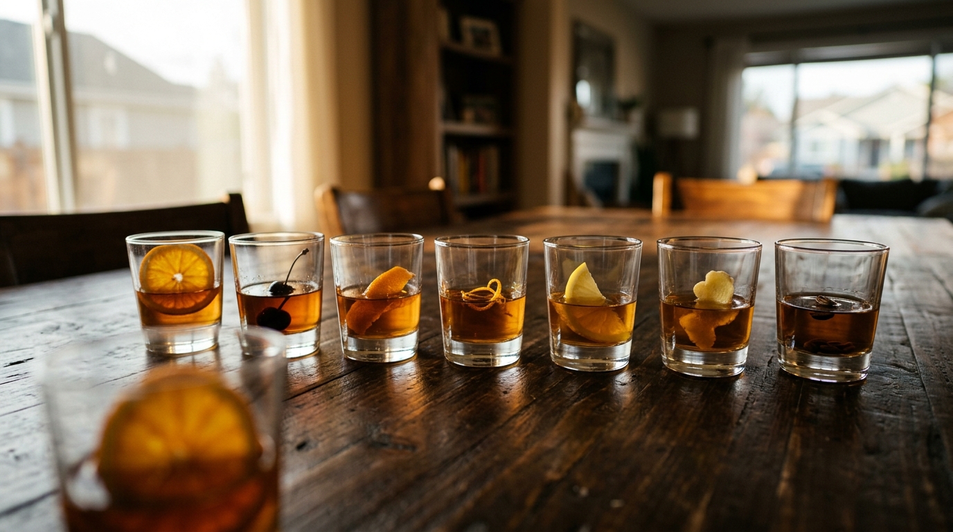 Seven small amber drinks in a row on a dark wooden table, each with a different garnish