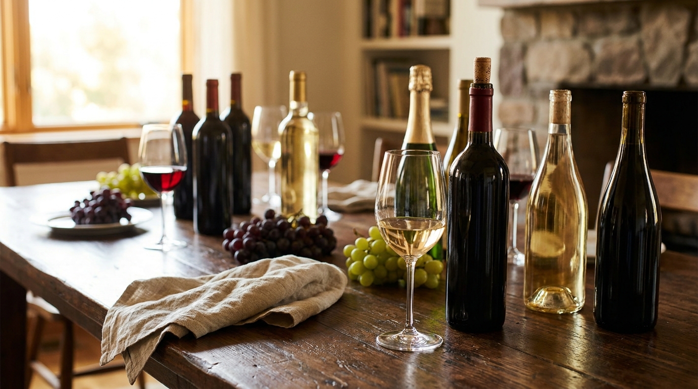 An assortment of wine bottles and glasses on a table, the 12 bottles picked for mr. Chow's best wine in malaysia guide