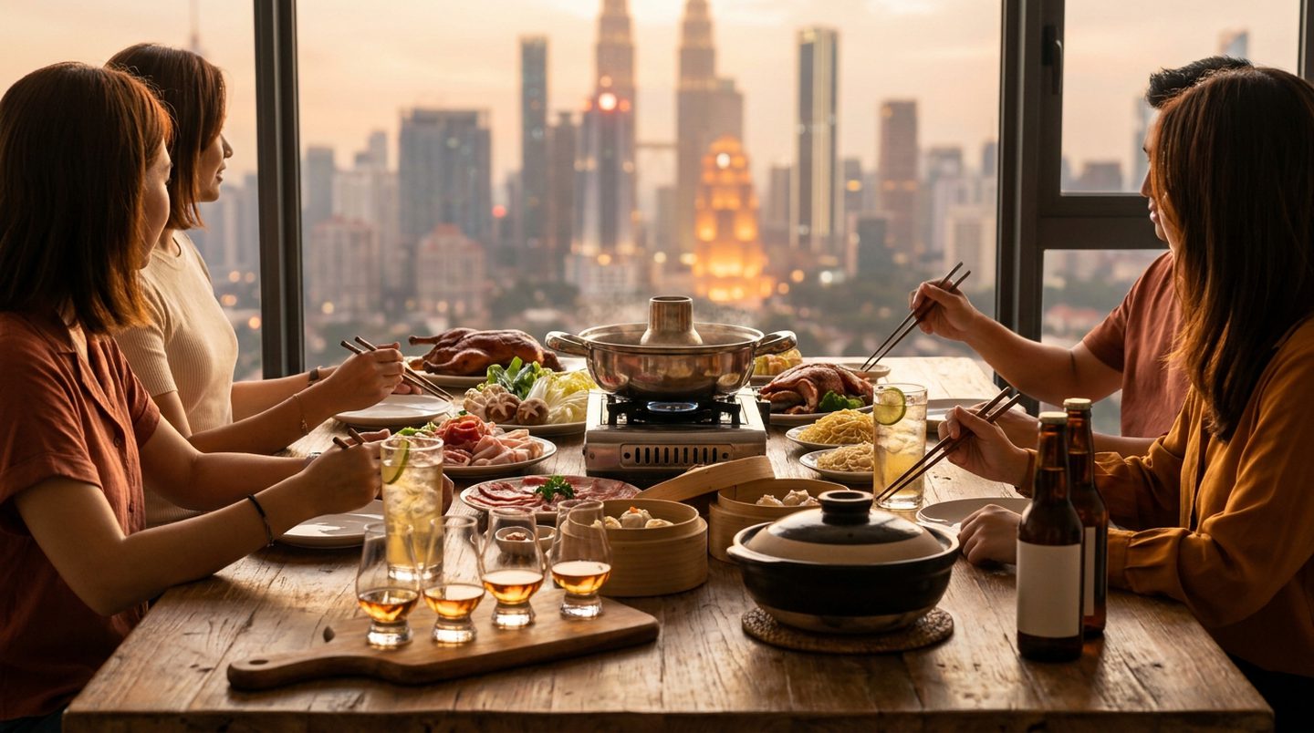 Friends seated around a dining table in a kuala lumpur condo sharing a steamboat, roast duck, dim sum and a claypot, with a whisky tasting flight and highballs