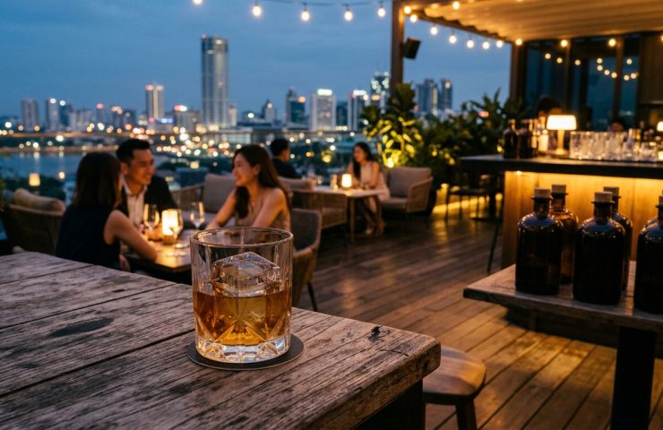 Evening drinks in Johor Bahru, whisky glass with city lights