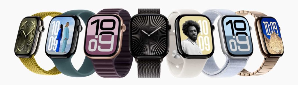 Apple Watch Giveaway Prize A line-up of apple watch models with different faces and bands, one of the prizes in the chow bond 007 anniversary giveaway