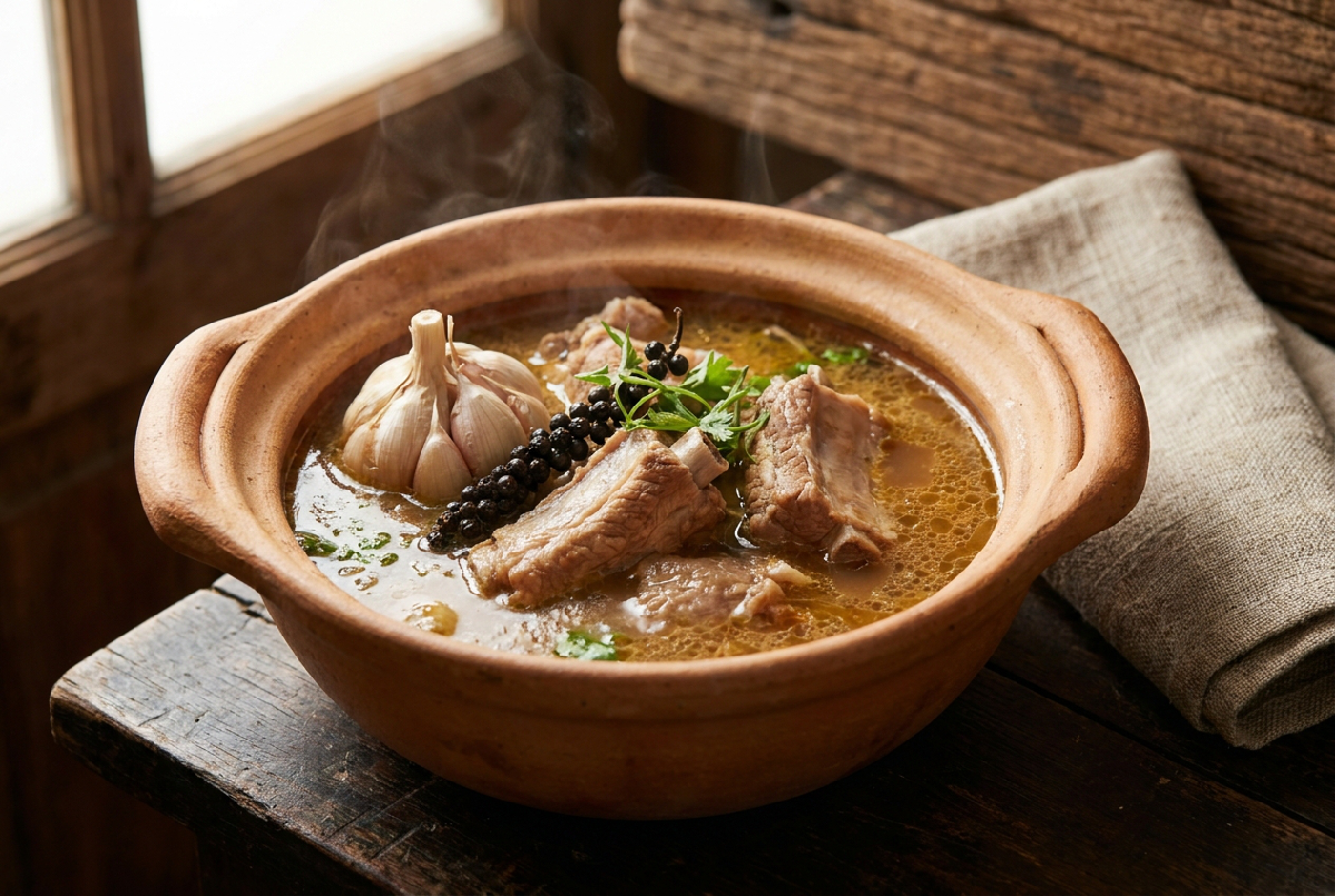 Clay pot of pork rib soup with garlic bulbs and peppercorns on dark table