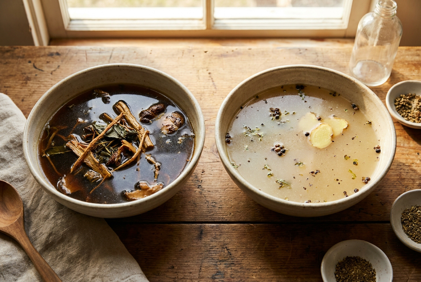 Two bowls of bak kut teh seen from above, one dark and one pale