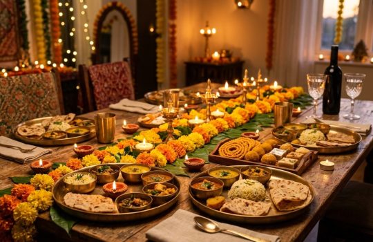 Deepavali family dining table with brass lamps, marigold garland, curries, murukku and sweets, and a bottle and glasses at the far end