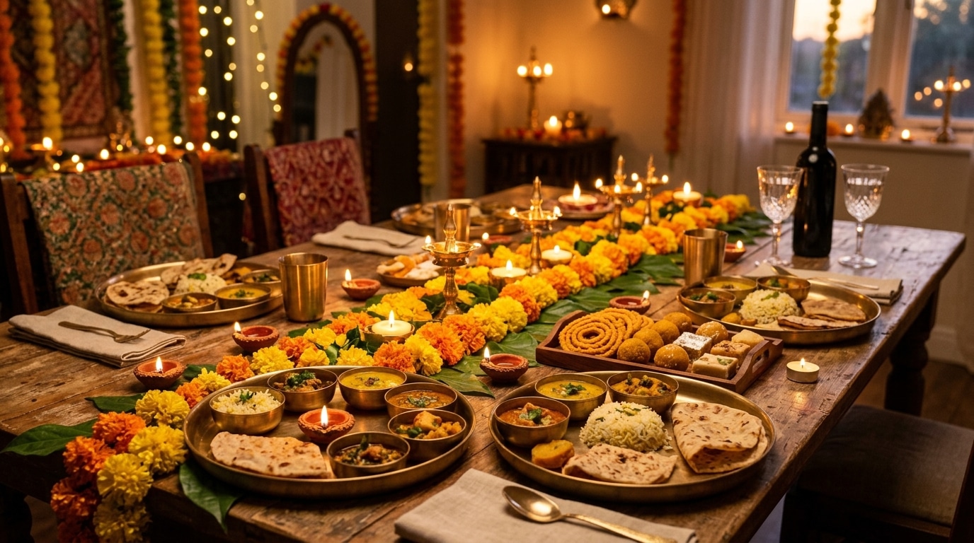Deepavali family dining table with brass lamps, marigold garland, curries, murukku and sweets, and a bottle and glasses at the far end