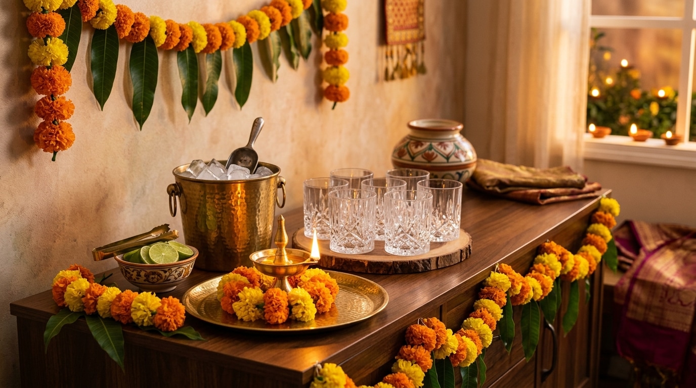 A deepavali hosting sideboard with tumblers, an ice bucket, limes and marigold garlands