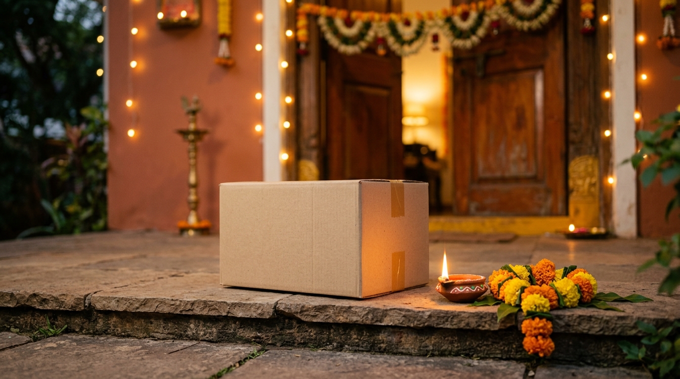 A delivery box on a doorstep beside a diya and marigold garland before deepavali