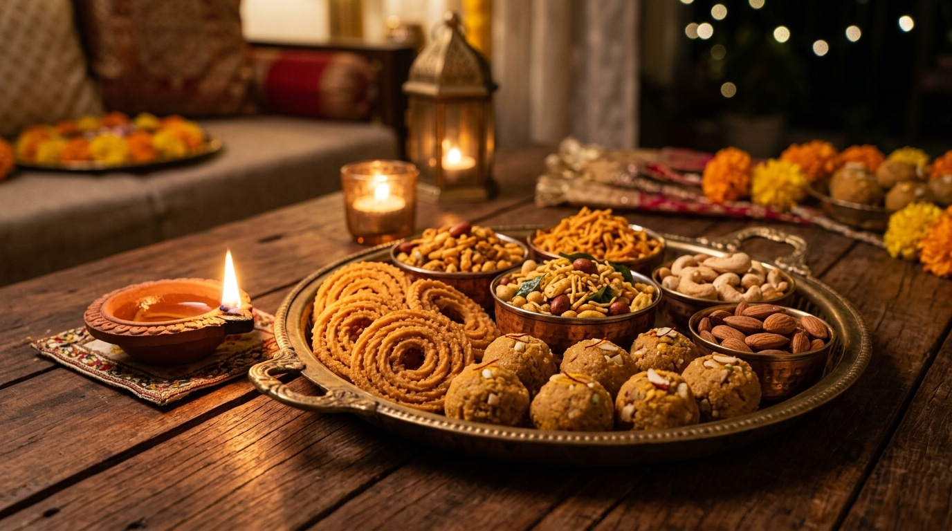 A brass tray of deepavali murukku, laddu and snacks beside a lit diya