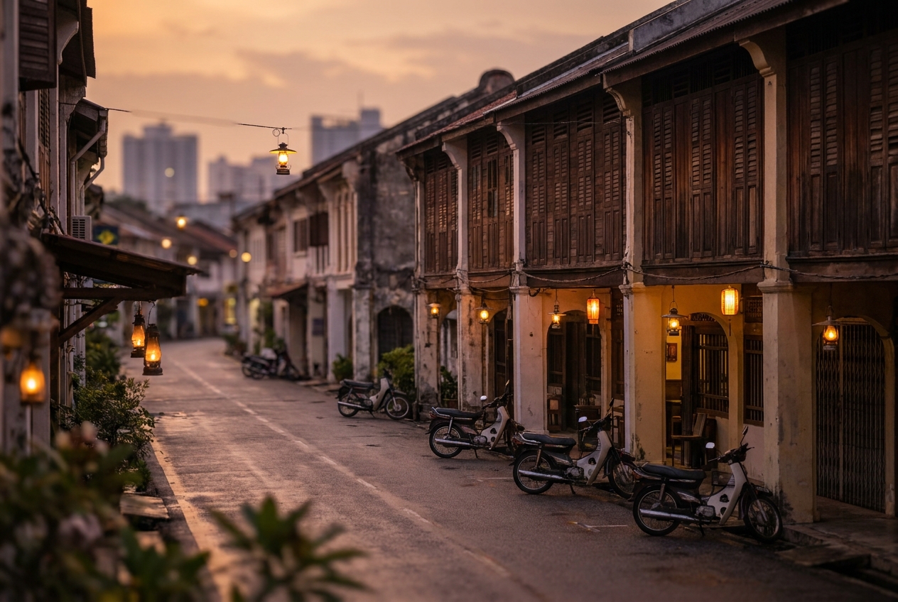 Evening street of shophouses glowing with warm lights seen from a distance