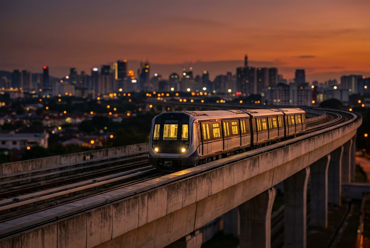 Train on an elevated rail track at dusk with city lights beyond
