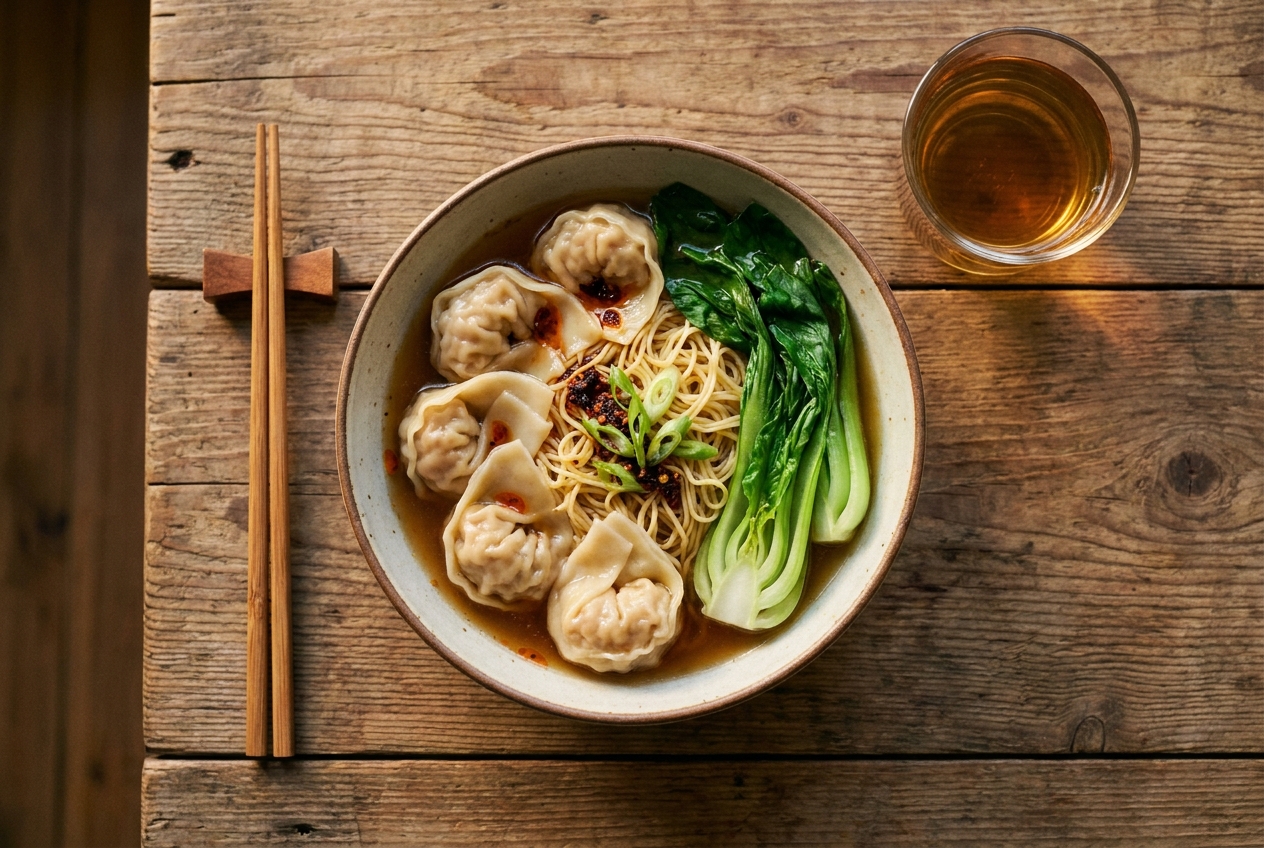 Bowl of wan tan noodles on a wooden table, seen from above