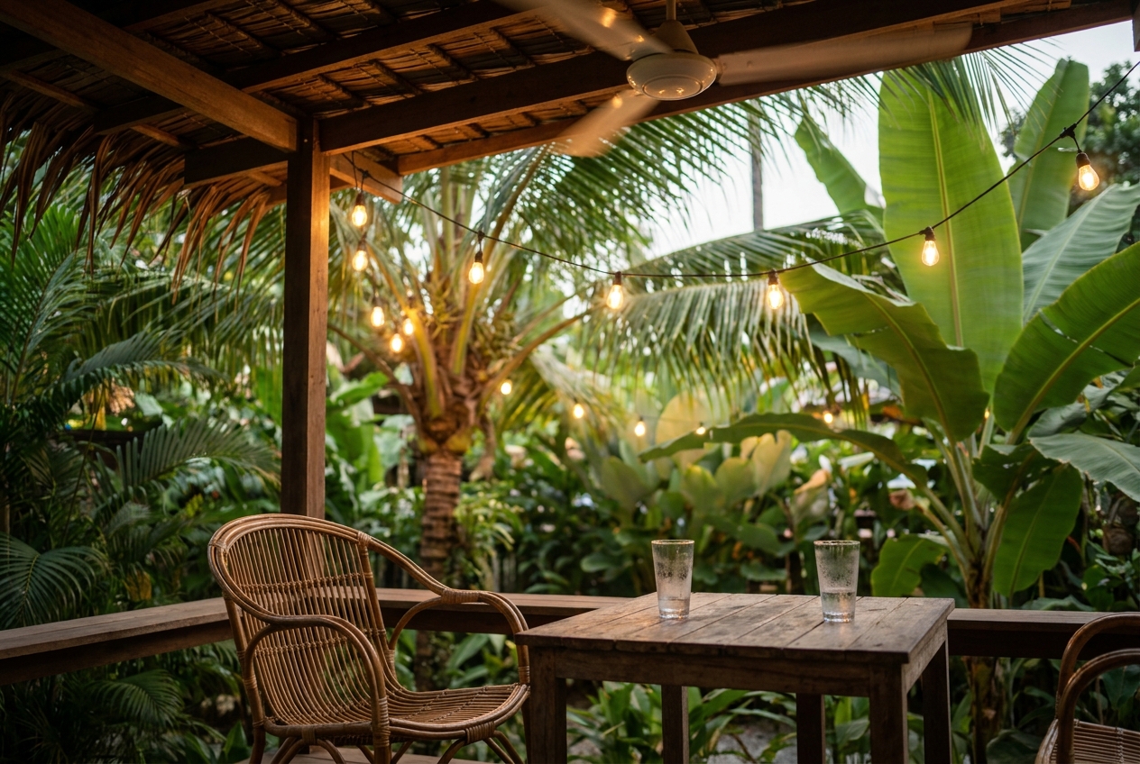 Small terrace with a table and two empty glasses in soft evening light
