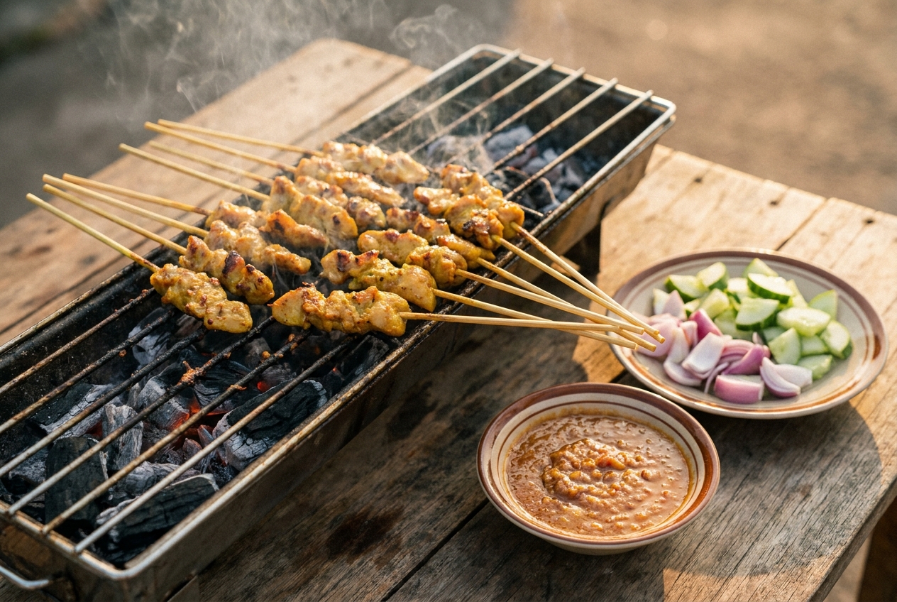 Skewers of satay grilling over charcoal beside a small dish of peanut sauce