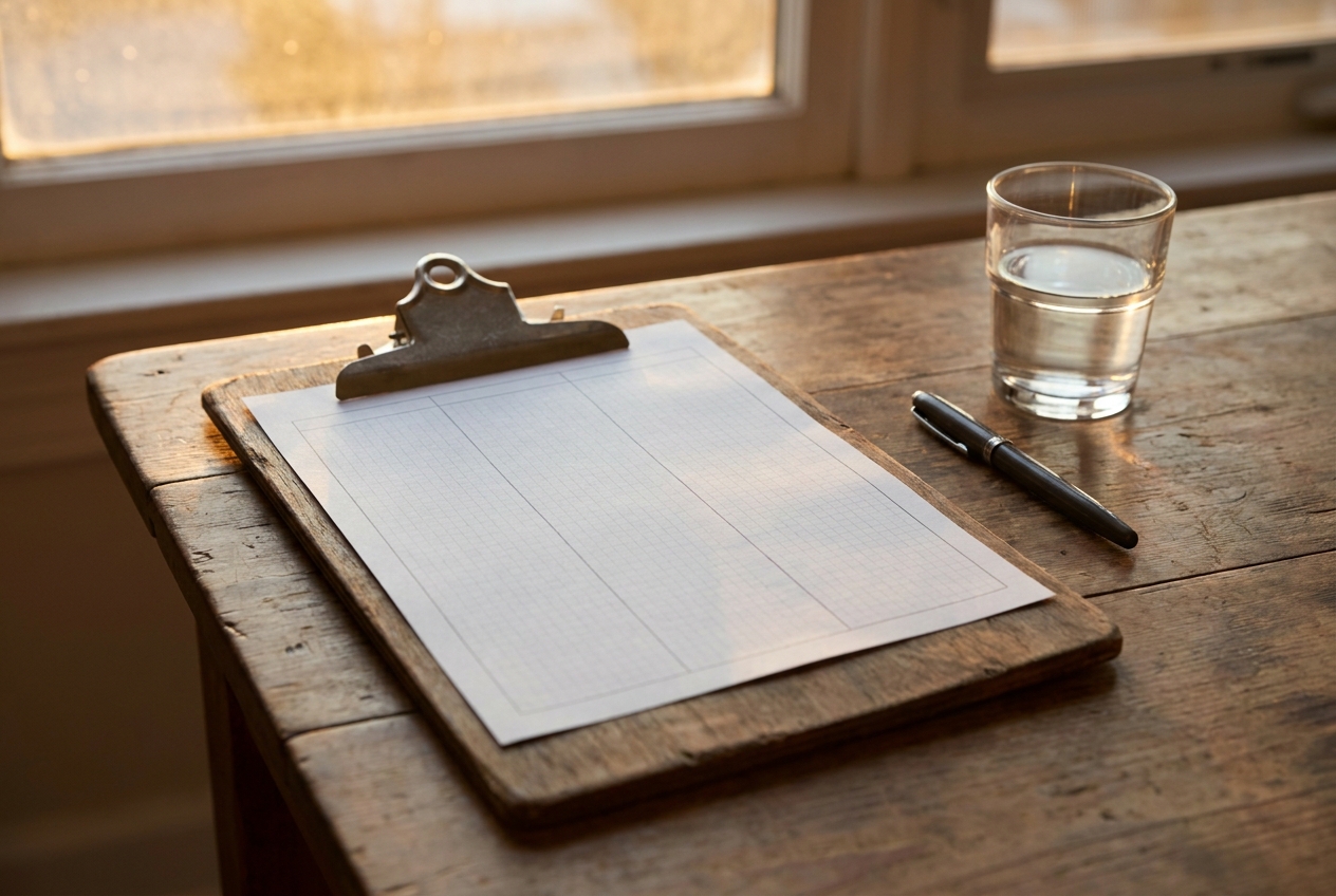 Clipboard holding a blank three-column grid resting on a table