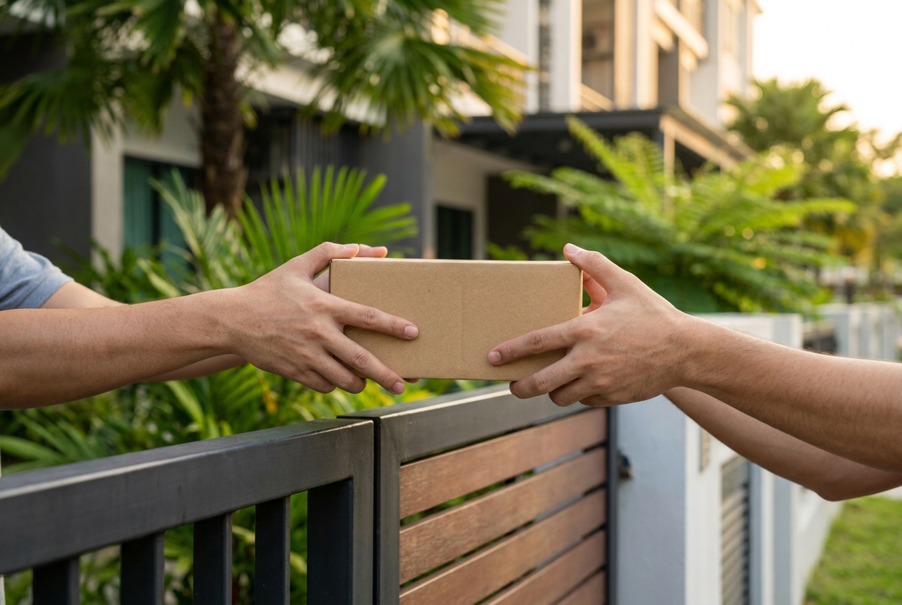 Hands passing a wrapped parcel over a gate, no faces shown