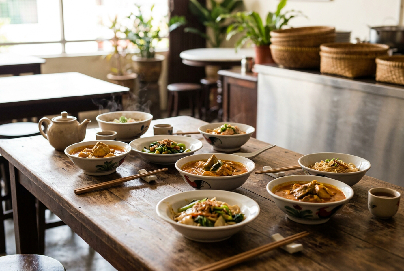 Family-style table set with bowls, chopsticks and a teapot in a casual malaysian eatery