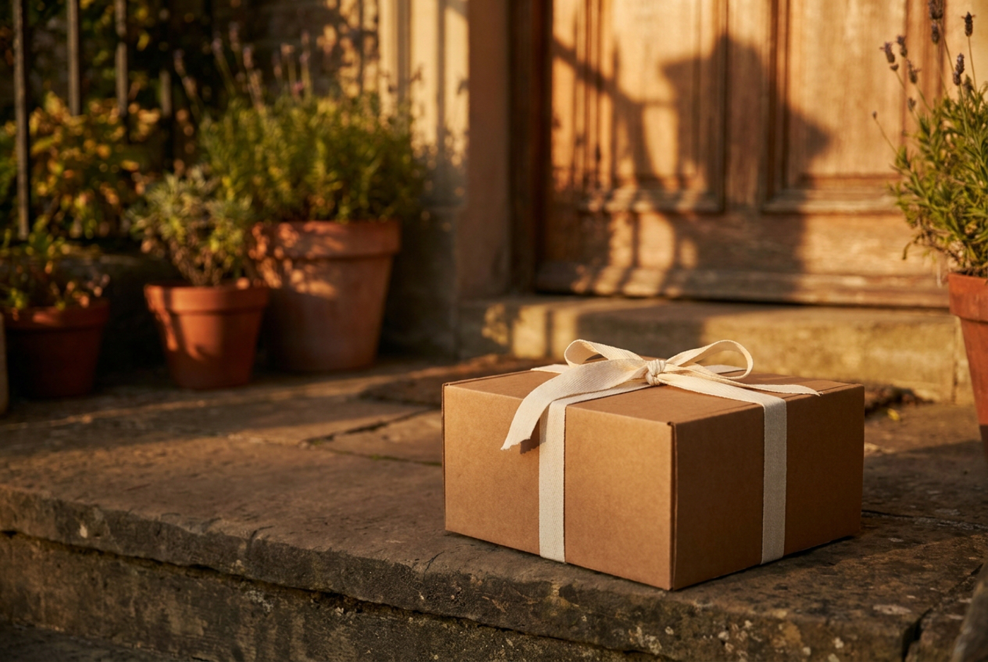 Closed gift box with ribbon resting on a front doorstep in warm evening light