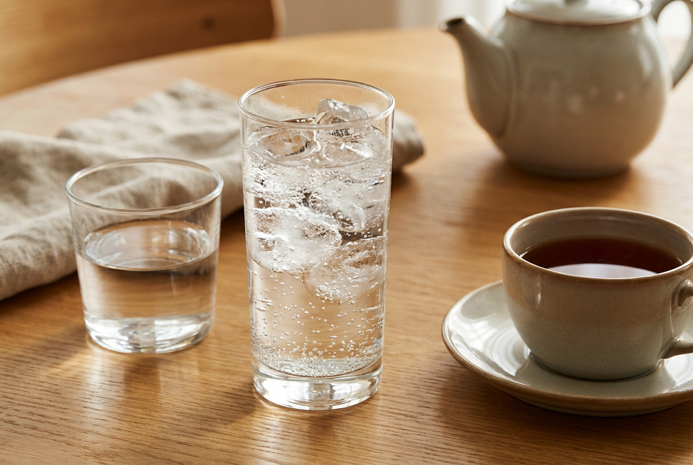 Tall highball glass with ice beside a water glass and a cup of tea