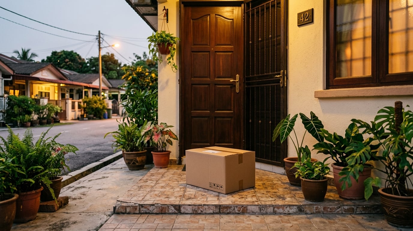 A delivery box on a home doorstep in the evening