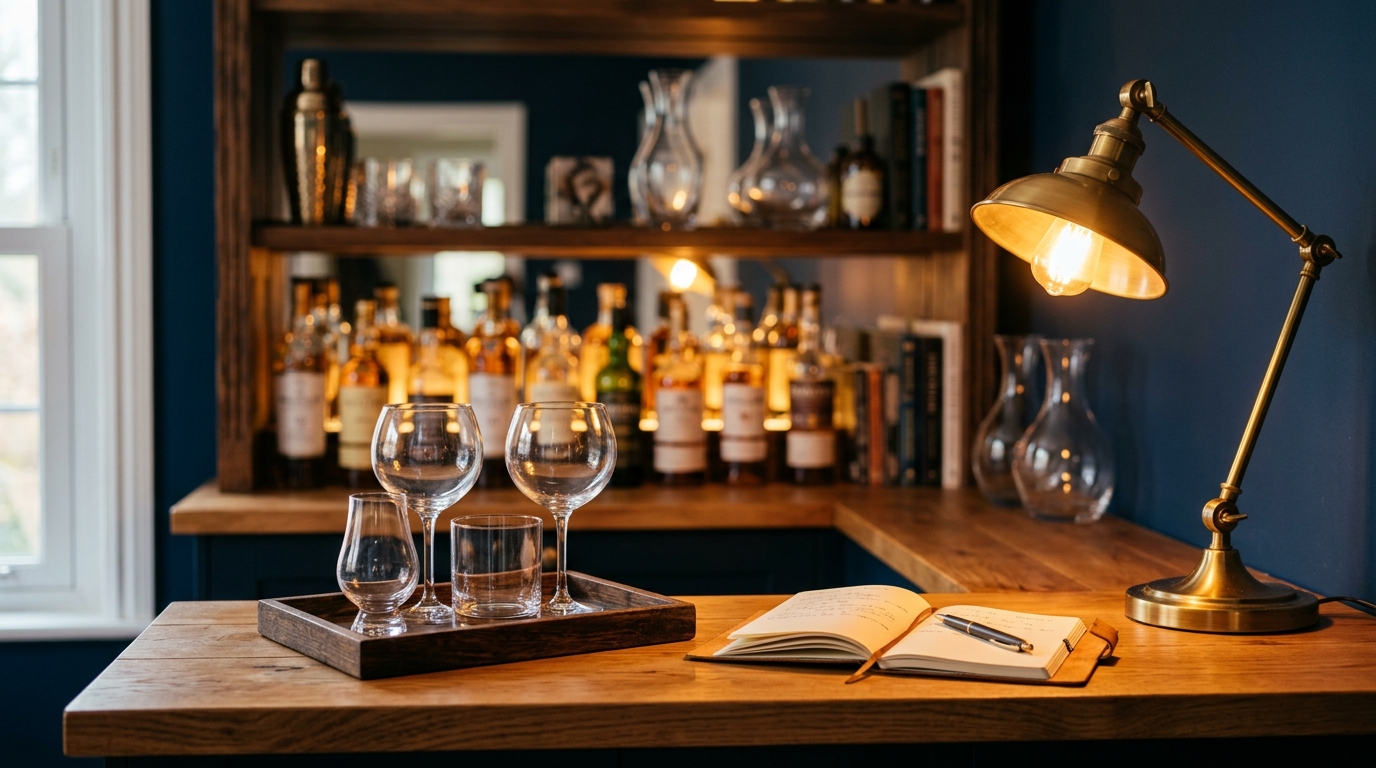 A home bar corner with whisky and gin glasses, a notebook and a brass lamp
