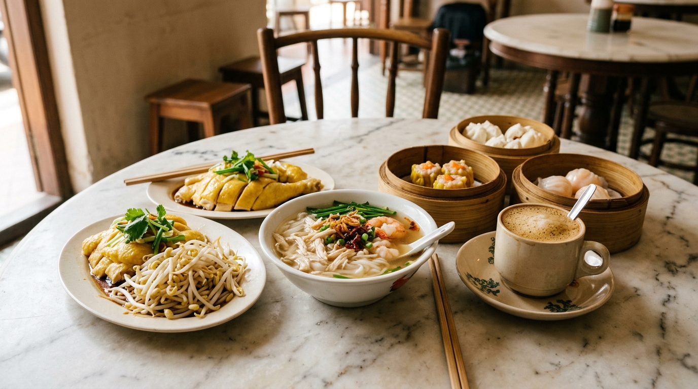 Ipoh bean sprout chicken, kai si hor fun, dim sum and white coffee on a marble table