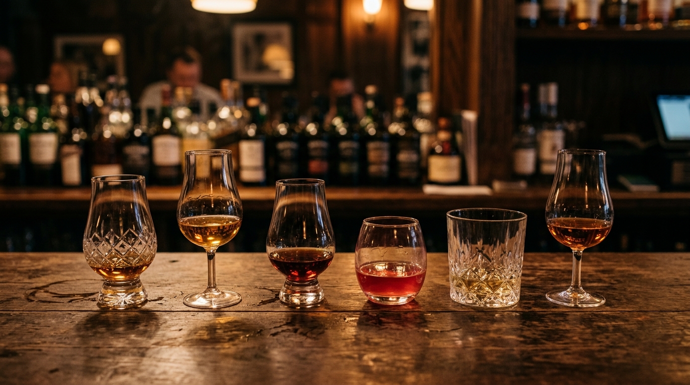 Six glasses of whisky and gin lined up for a comparison tasting