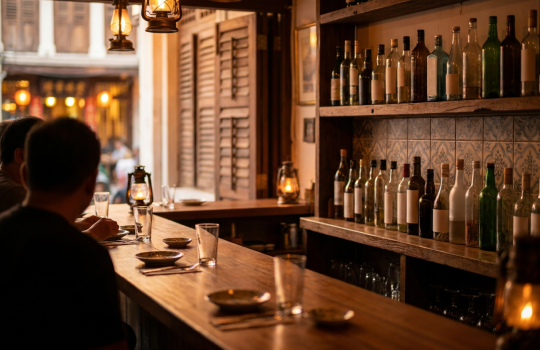 A warmly lit Melaka bar counter with a row of bottles behind it, set for an evening out