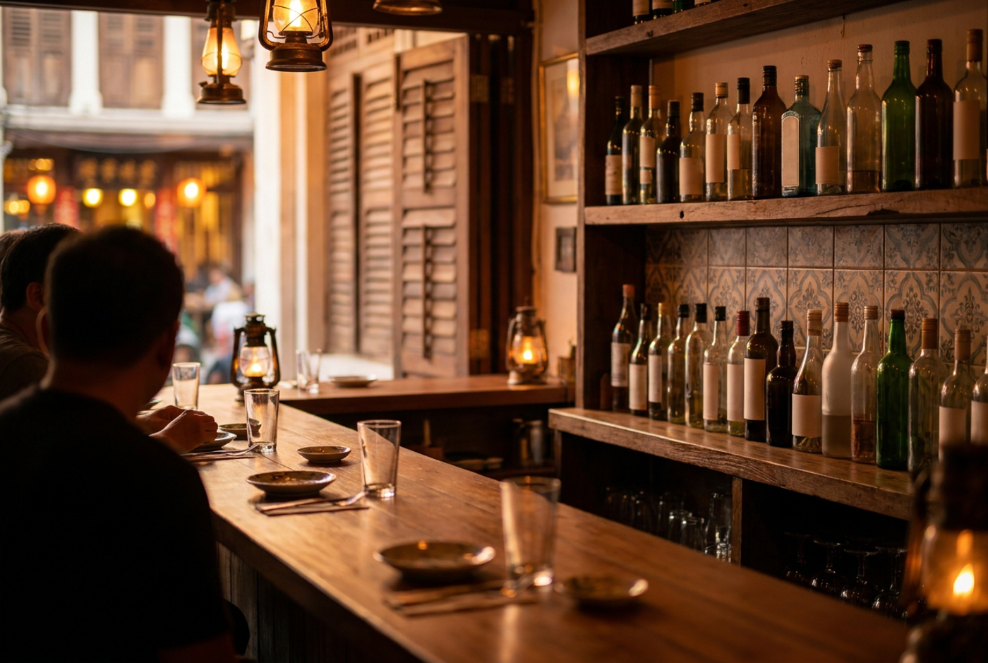 A warmly lit melaka bar counter with a row of bottles behind it, set for an evening out