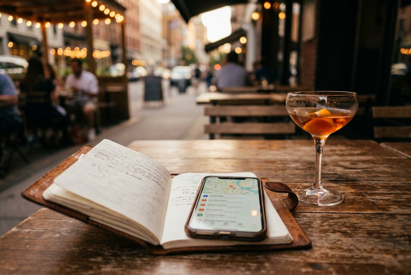 A notebook and phone on a table beside a cocktail glass, suggesting a night of checking bar listings