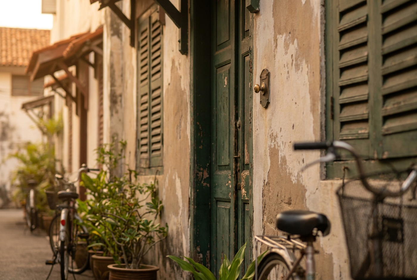 A closed door with a small doorbell beside it at the end of a quiet melaka street