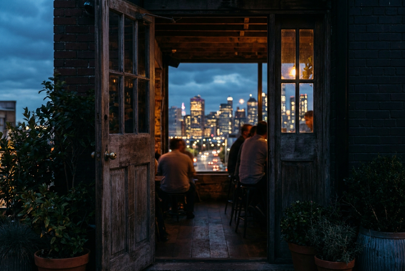 A dim hidden bar doorway at night with a bright city skyline glowing beyond it