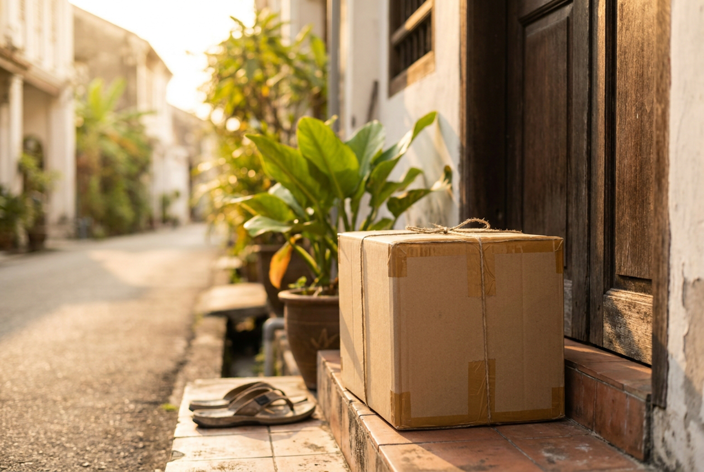 A sealed delivery parcel waiting at the door of a melaka homestay