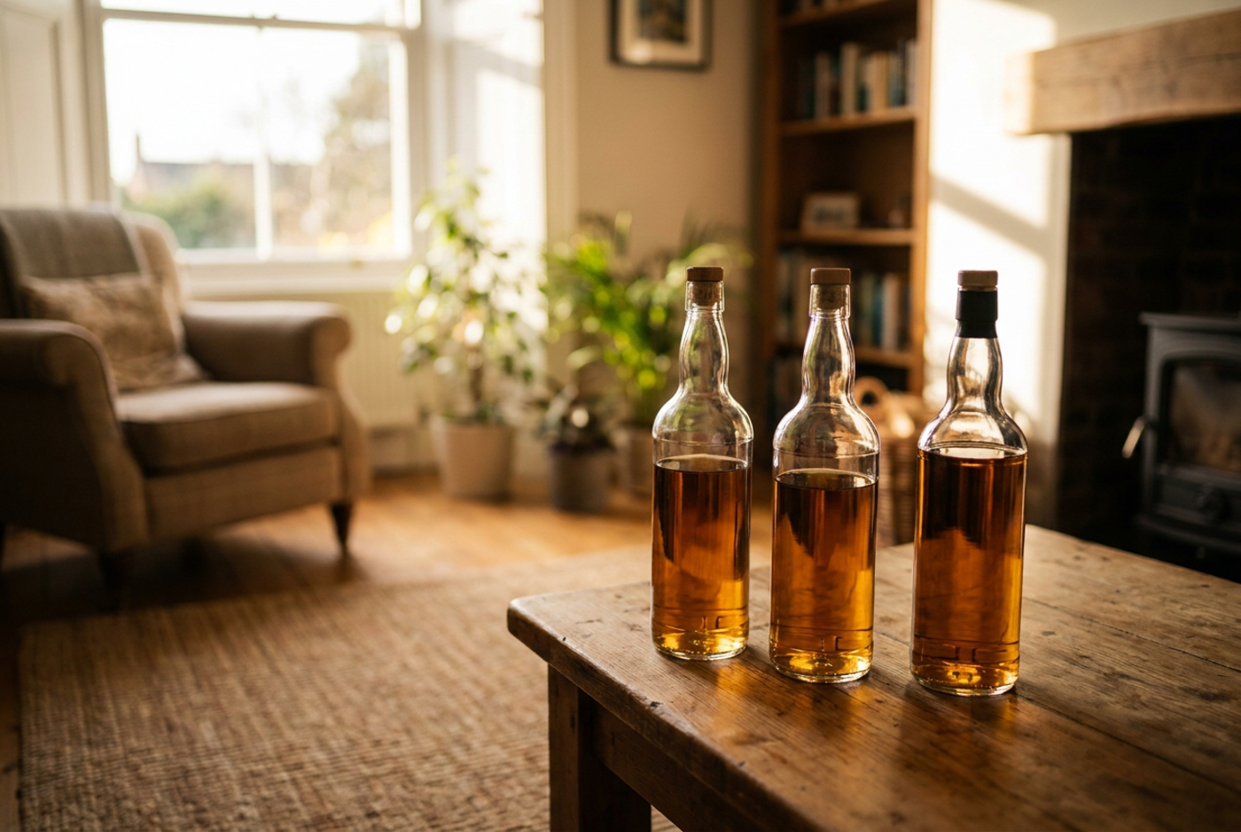 Three whisky bottles on a wooden table in a bright homestay living room