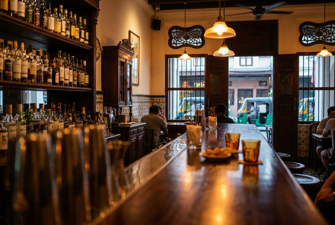 A hotel bar interior in melaka with a polished counter and a selection of spirits on the shelves