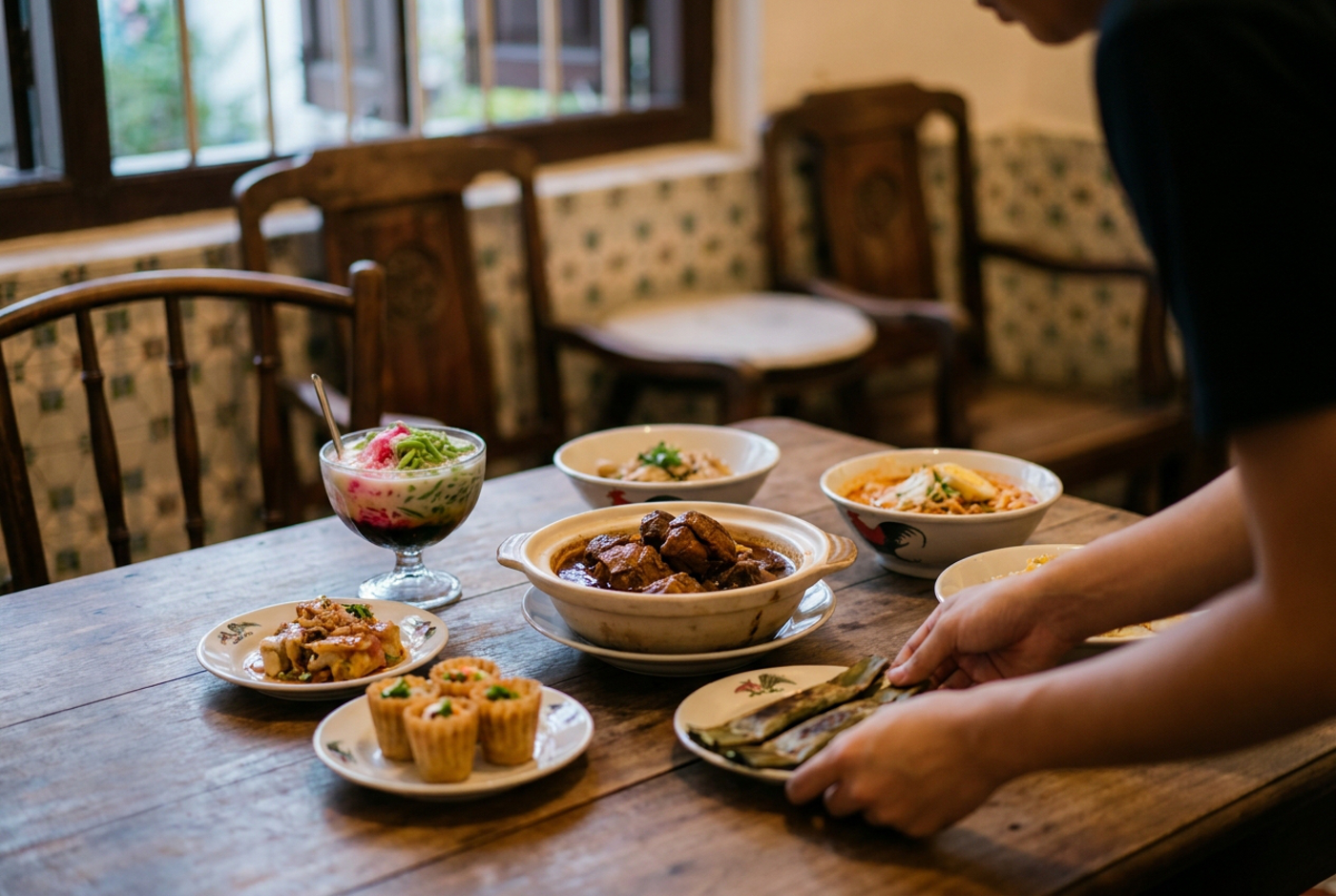 A table of nyonya dishes in melaka, with a bowl of stew and a glass of iced dessert