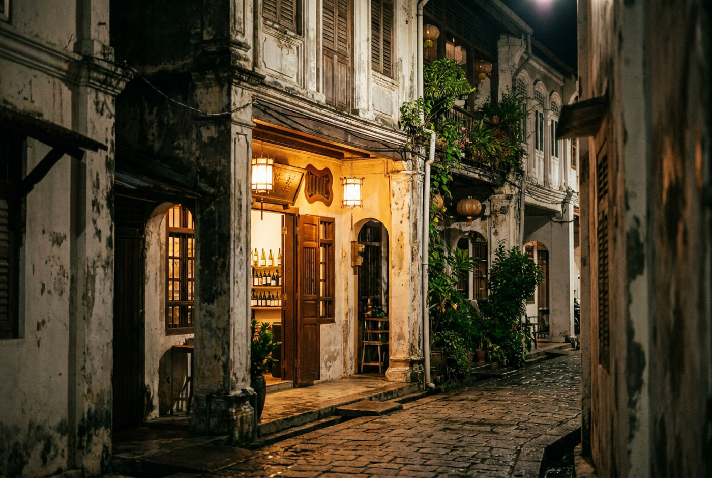 A narrow old-town melaka street at night with a softly lit doorway