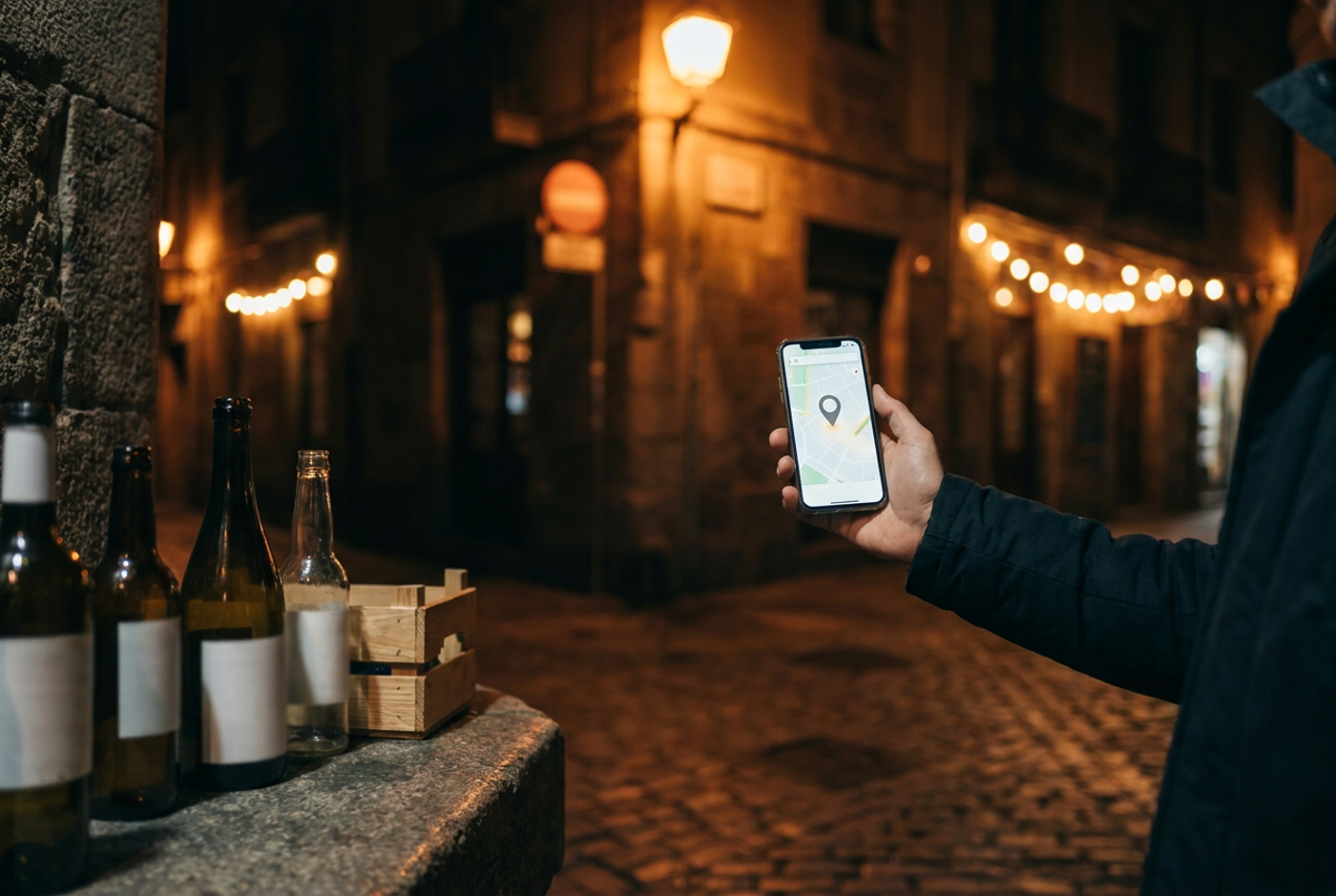 A phone held up on a dark street corner at night, waiting to be collected for a hidden bar