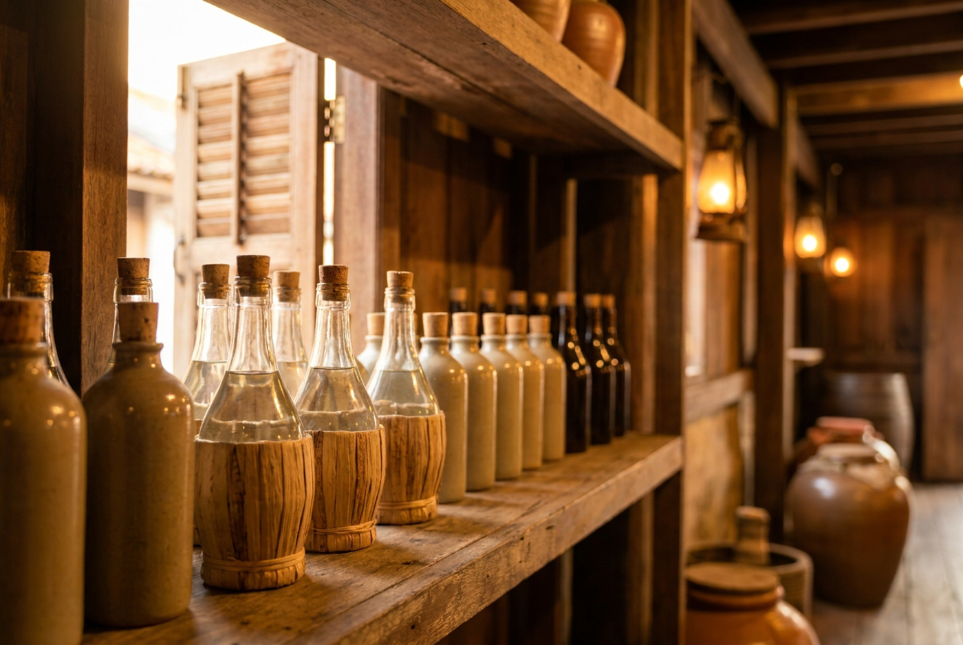 Rows of bottles of locally made rice wine on a shelf in a traditional melaka tavern