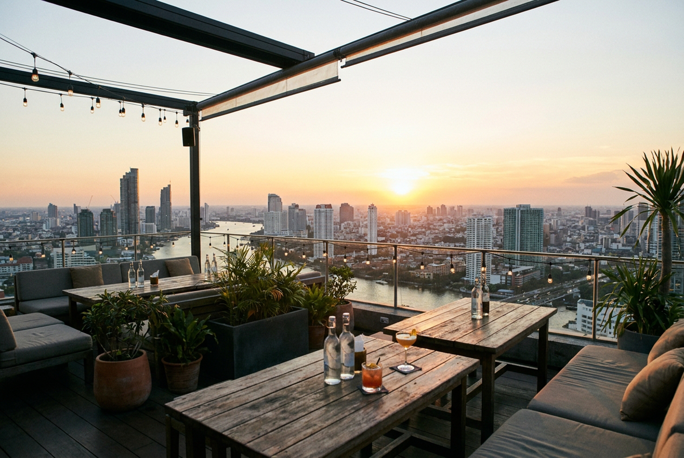 An open-air rooftop bar high above a city at sunset with a wide panoramic skyline