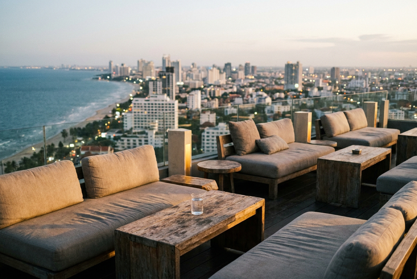 A rooftop lounge on a high hotel floor looking out over a city skyline and coastline at dusk