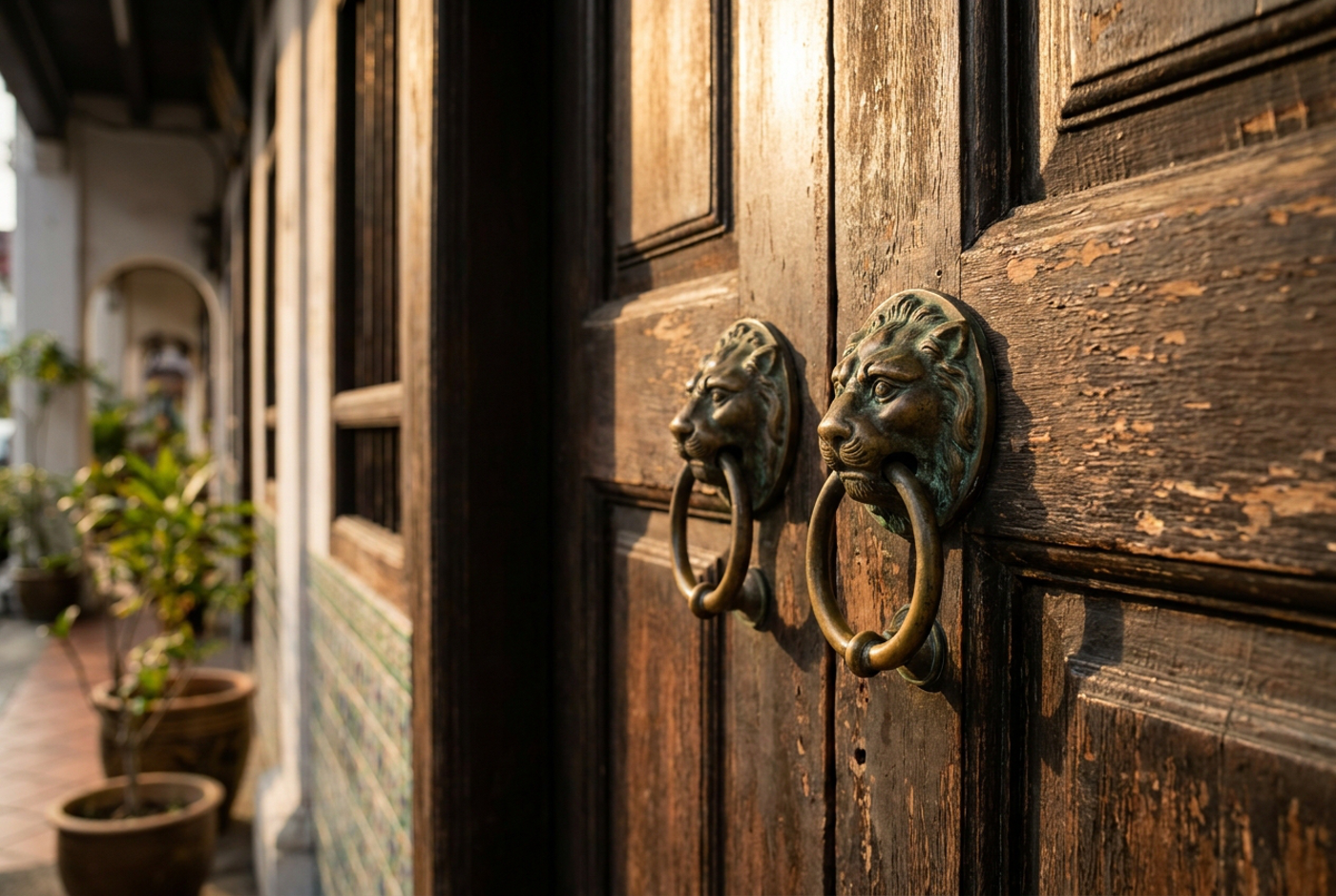 Brass lion-head door knockers on a dark wooden door of a pre-war shophouse in melaka