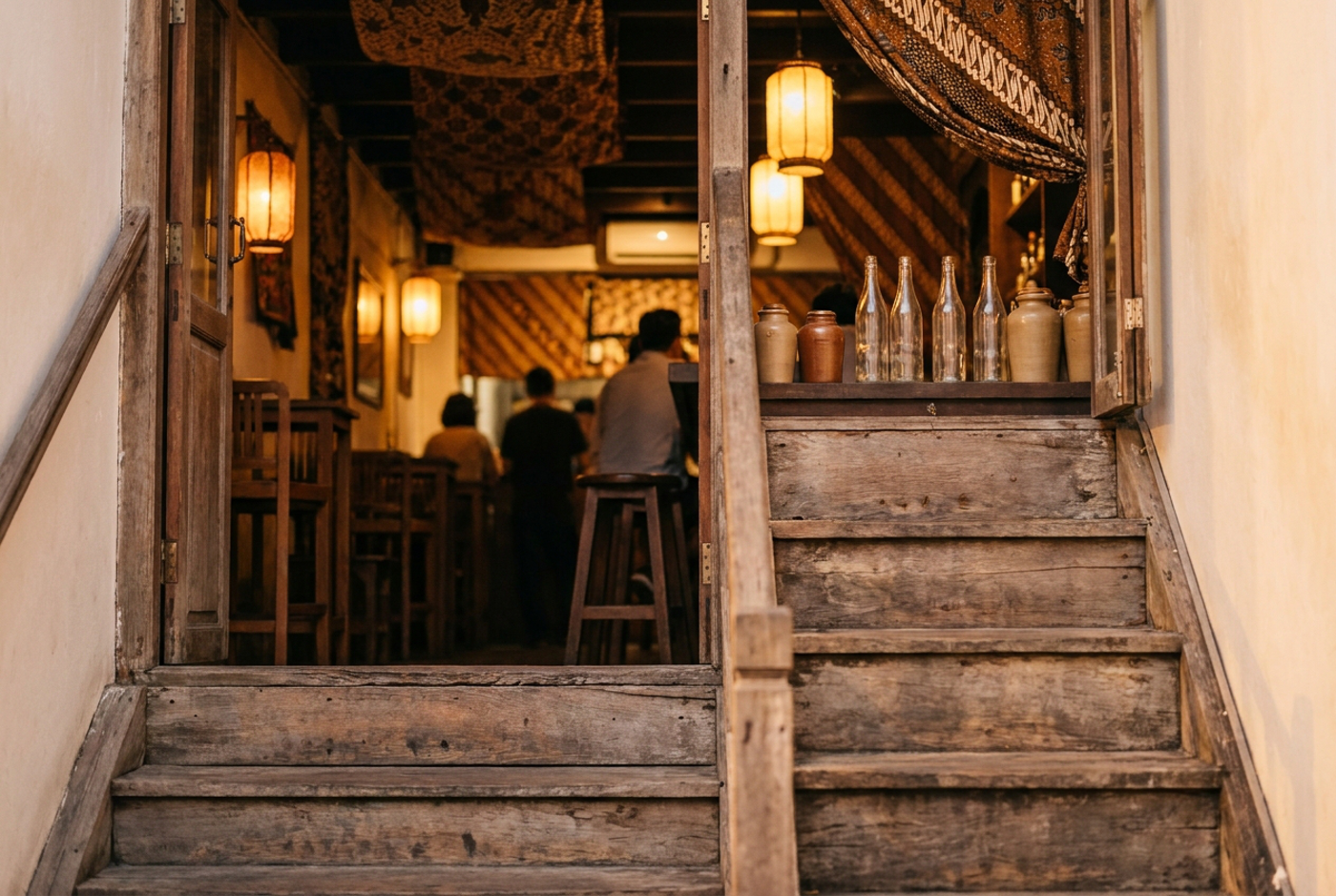 A steep wooden staircase leading up to a softly lit bar room with batik-patterned decor