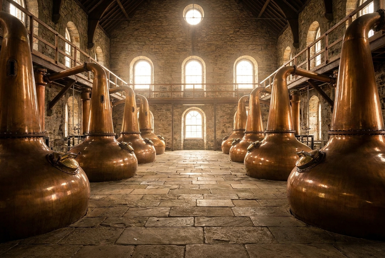 Copper pot stills standing in an empty stone distillery hall, the traditional starting point of both scotch and japanese whisky
